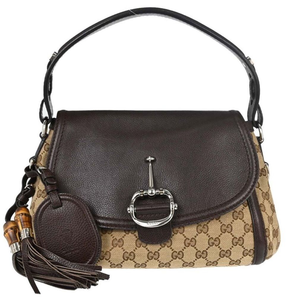 Gucci Techno Horsebit Flap Hobo Leather Beige Canvas Shoulder Bag Bag